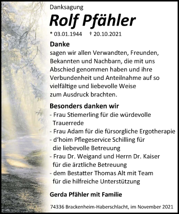Traueranzeige von Rolf Pfähler von GESAMT