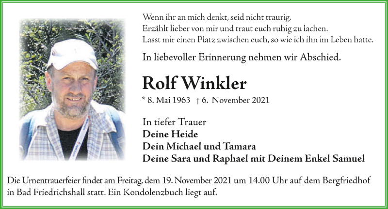  Traueranzeige für Rolf Winkler vom 13.11.2021 aus GESAMT