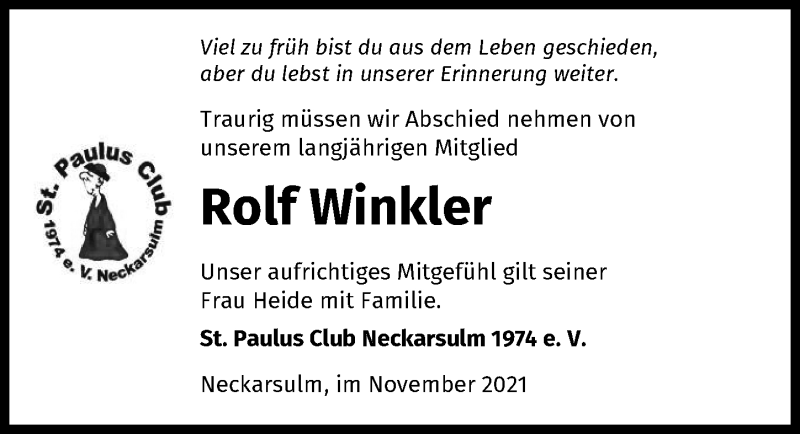  Traueranzeige für Rolf Winkler vom 13.11.2021 aus GESAMT