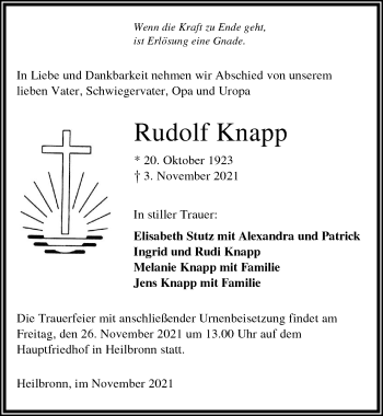 Traueranzeige von Rudolf Knapp