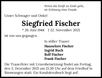 Traueranzeige von Siegfried Fischer von GESAMT