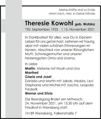 Traueranzeige von Theresie Kowohl von GESAMT