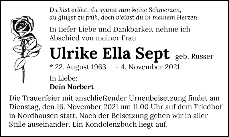  Traueranzeige für Ulrike Ella Sept vom 13.11.2021 aus GESAMT