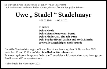 Traueranzeige von Uwe Stadelmayr von GESAMT