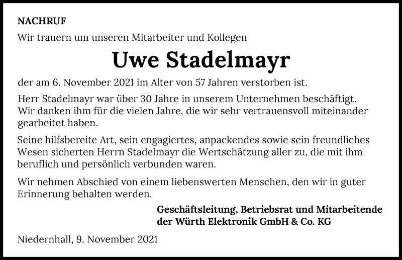  Traueranzeige für Uwe Stadelmayr vom 10.11.2021 aus GESAMT