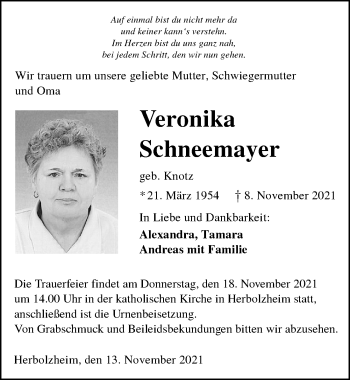 Traueranzeige von Veronika Schneemayer von GESAMT