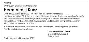 Traueranzeige von Vitalij Kunz von GESAMT
