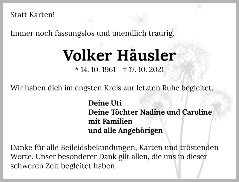  Traueranzeige für Volker Häusler vom 04.11.2021 aus GESAMT