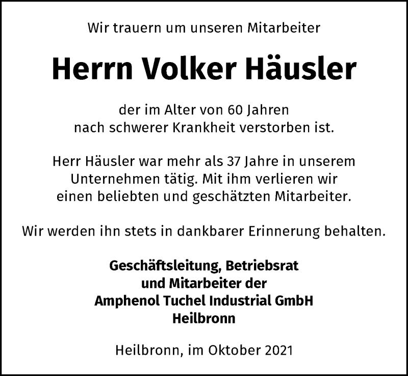  Traueranzeige für Volker Häusler vom 04.11.2021 aus GESAMT