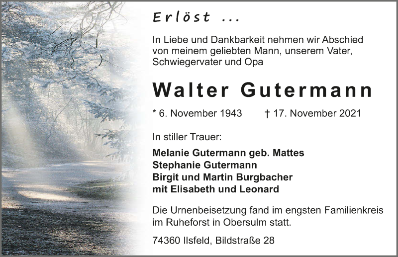  Traueranzeige für Walter Gutermann vom 27.11.2021 aus GESAMT