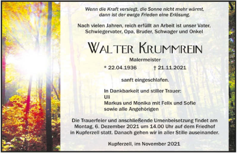 Traueranzeige für Walter Krummrein vom 27.11.2021 aus GESAMT