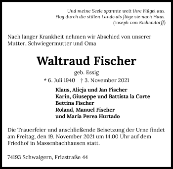 Traueranzeige von Waltraud Fischer von GESAMT
