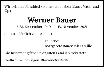 Traueranzeige von Werner Bauer von GESAMT