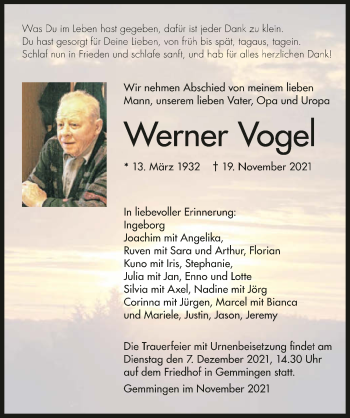Traueranzeige von Werner Vogel von GESAMT