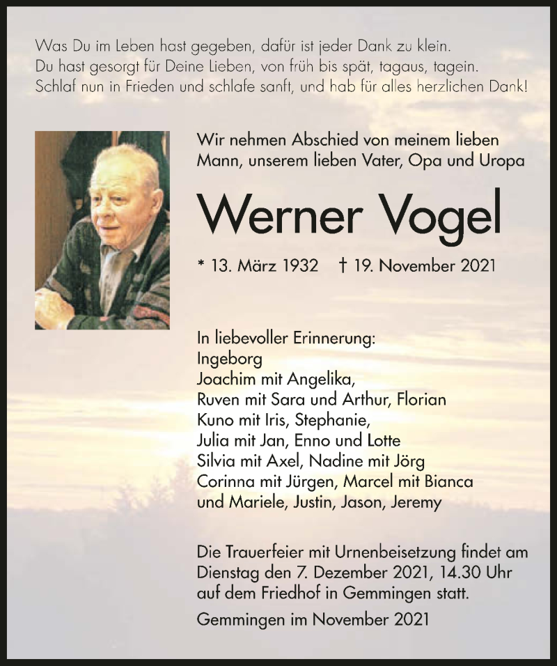  Traueranzeige für Werner Vogel vom 30.11.2021 aus GESAMT