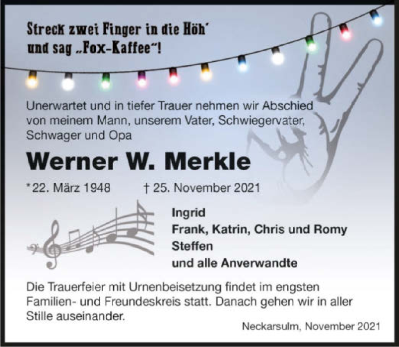  Traueranzeige für Werner W. Merkle vom 30.11.2021 aus GESAMT