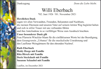 Traueranzeige von Willi Eberbach von GESAMT