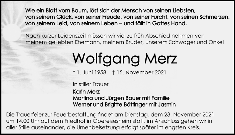  Traueranzeige für Wolfgang Merz vom 20.11.2021 aus GESAMT