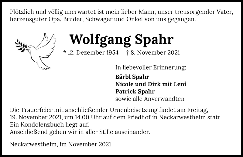  Traueranzeige für Wolfgang Spahr vom 13.11.2021 aus GESAMT