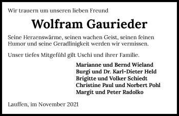 Traueranzeige von Wolfram Gaurieder von GESAMT