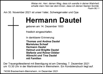 Traueranzeige von Hermann Dautel von Gesamt