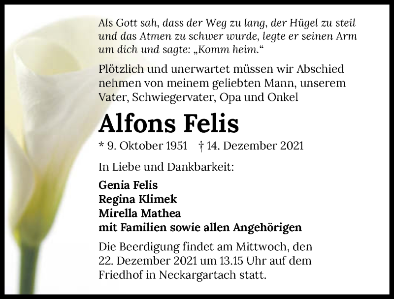  Traueranzeige für Alfons Felis vom 18.12.2021 aus GESAMT