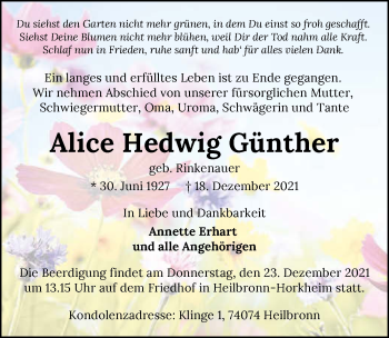 Traueranzeige von Alice Hedwig Günther von GESAMT