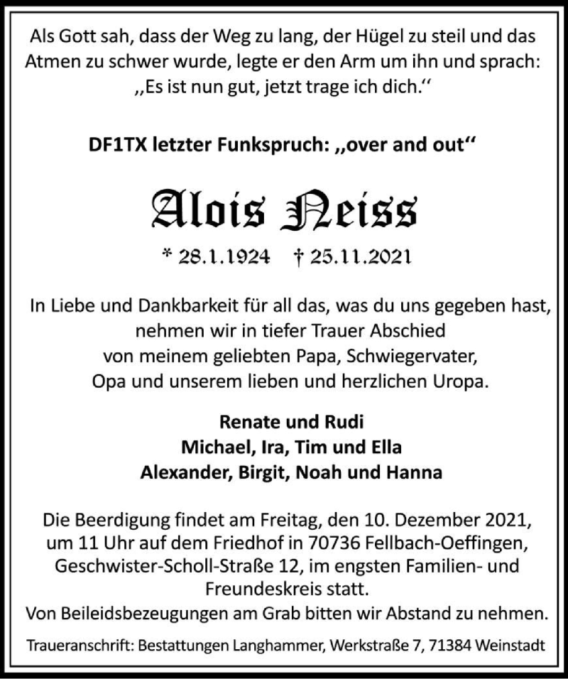  Traueranzeige für Alois Neiss vom 06.12.2021 aus GESAMT