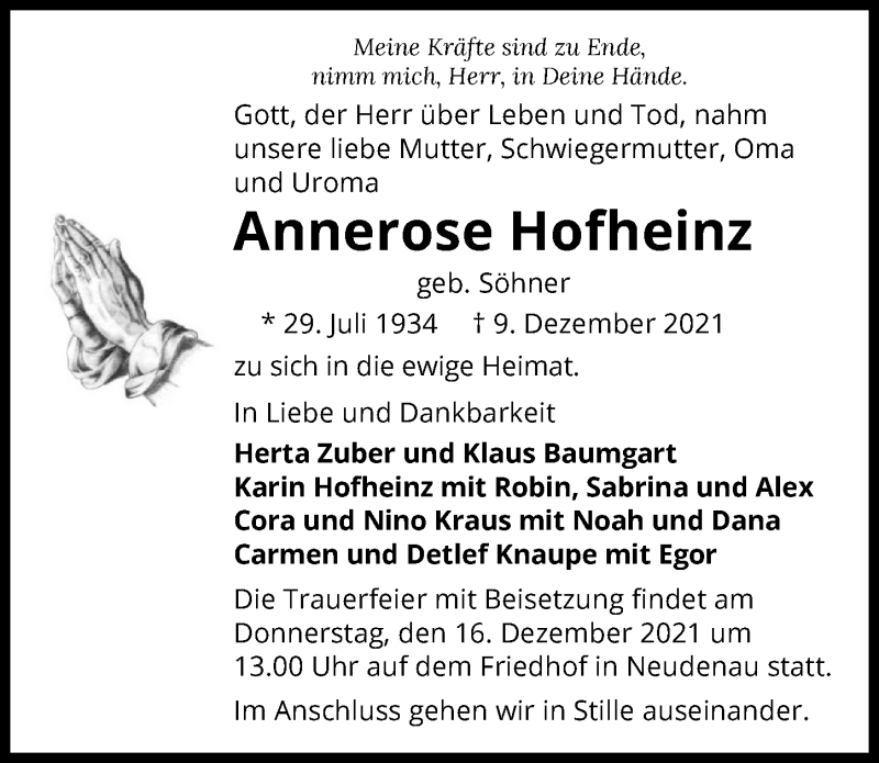  Traueranzeige für Annerose Hofheinz vom 13.12.2021 aus GESAMT