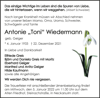 Traueranzeige von Antonie Wiedermann von GESAMT