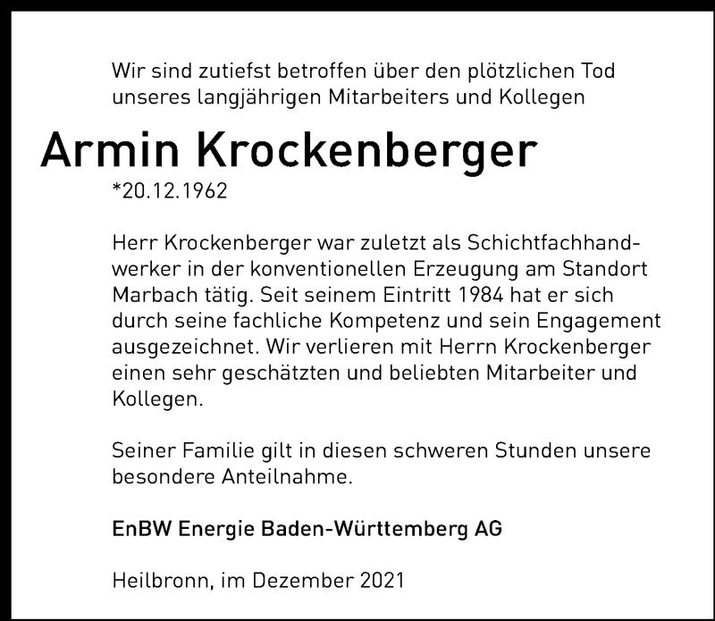  Traueranzeige für Armin Krockenberger vom 17.12.2021 aus GESAMT
