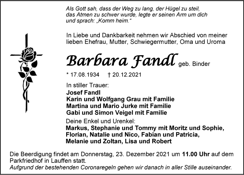  Traueranzeige für Barbara Fandl vom 22.12.2021 aus GESAMT