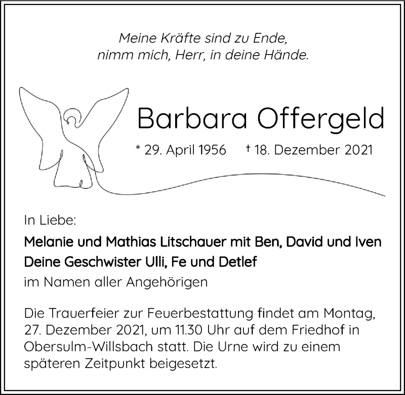  Traueranzeige für Barbara Offergeld vom 23.12.2021 aus GESAMT