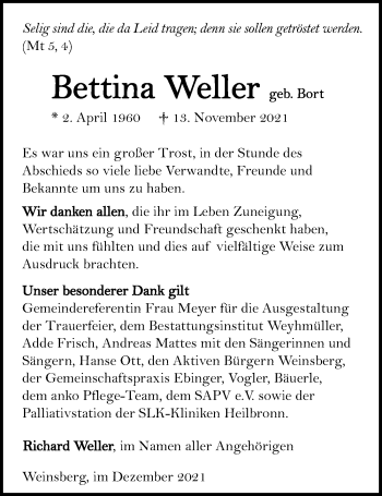 Traueranzeige von Bettina Weller von GESAMT