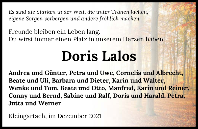  Traueranzeige für Doris Lalos vom 04.12.2021 aus GESAMT