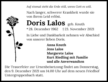 Traueranzeige von Doris Lalos von GESAMT