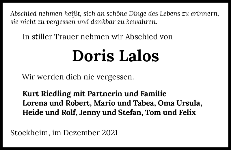  Traueranzeige für Doris Lalos vom 04.12.2021 aus GESAMT