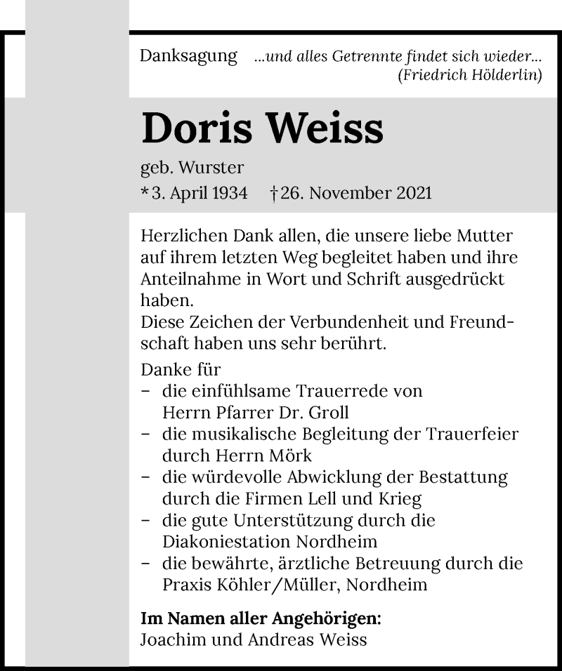  Traueranzeige für Doris Weiss vom 11.12.2021 aus GESAMT