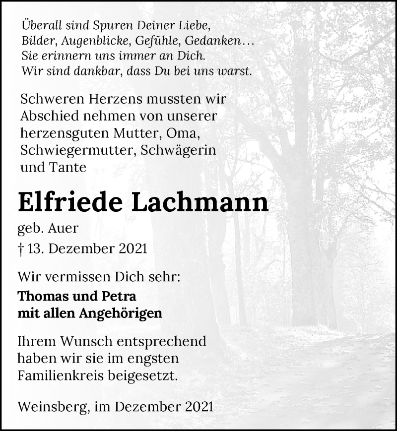  Traueranzeige für Elfriede Lachmann vom 23.12.2021 aus GESAMT