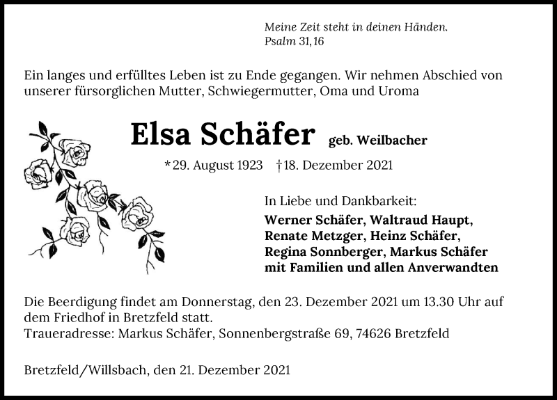  Traueranzeige für Elsa Schäfer vom 21.12.2021 aus GESAMT