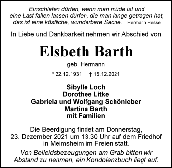 Traueranzeige von Elsbeth Barth von GESAMT