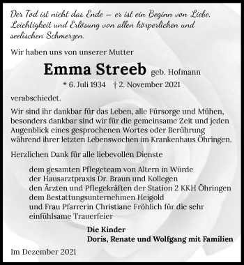 Traueranzeige von Emma Streeb von GESAMT
