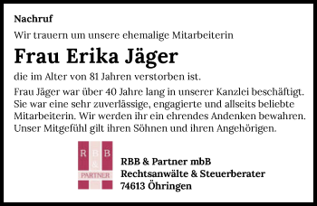Traueranzeige von Erika Jäger von GESAMT