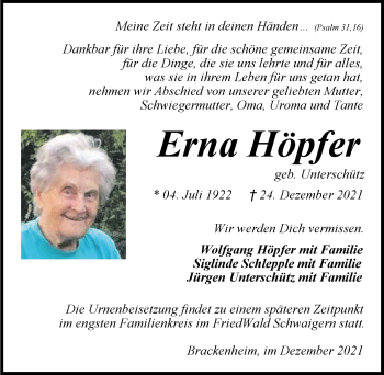 Traueranzeige von Erna Höpfer von GESAMT