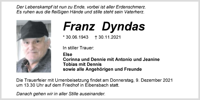  Traueranzeige für Franz Dyndas vom 04.12.2021 aus GESAMT