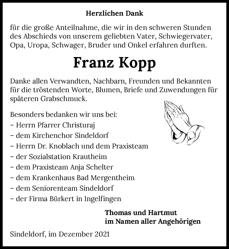  Traueranzeige für Franz Kopp vom 17.12.2021 aus GESAMT
