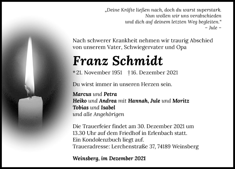  Traueranzeige für Franz Schmidt vom 27.12.2021 aus GESAMT