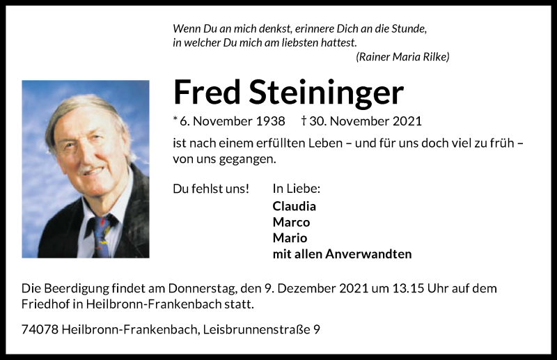  Traueranzeige für Fred Steininger vom 04.12.2021 aus GESAMT