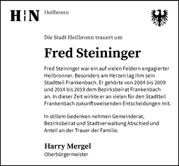 Traueranzeige von Fred Steininger von GESAMT