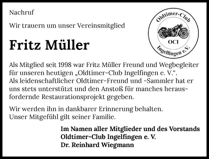  Traueranzeige für Fritz Müller vom 08.12.2021 aus GESAMT
